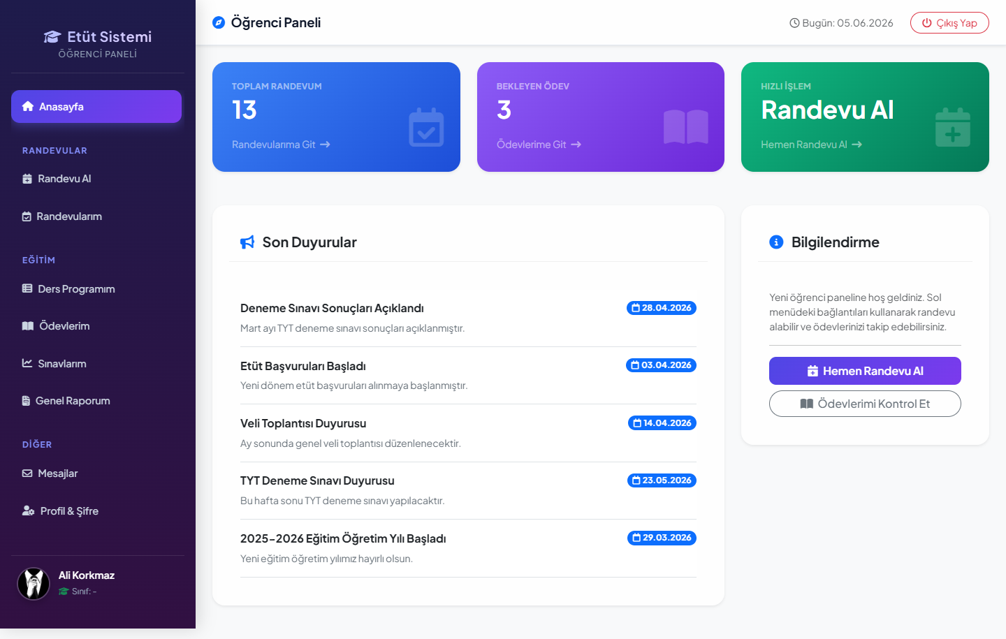 Etüt Randevu Sistemi - Online Etüt ve Öğrenci Takip Platformu